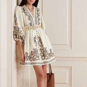 ZIMMERMANN Aliane Belted Embroidered Linen Mini Dress